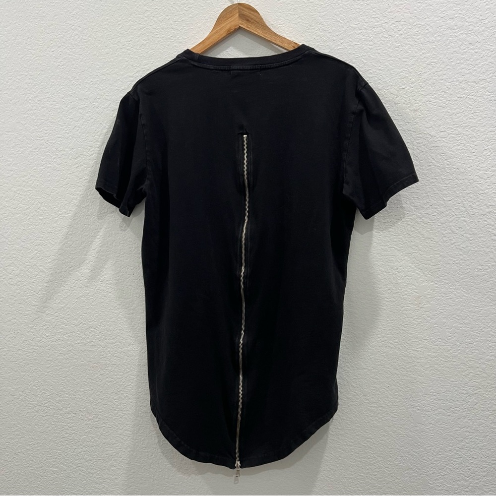 Black Extended Hem T-Shirt L Full Back ZIPPER Long Hip-Hop Curved Hemline